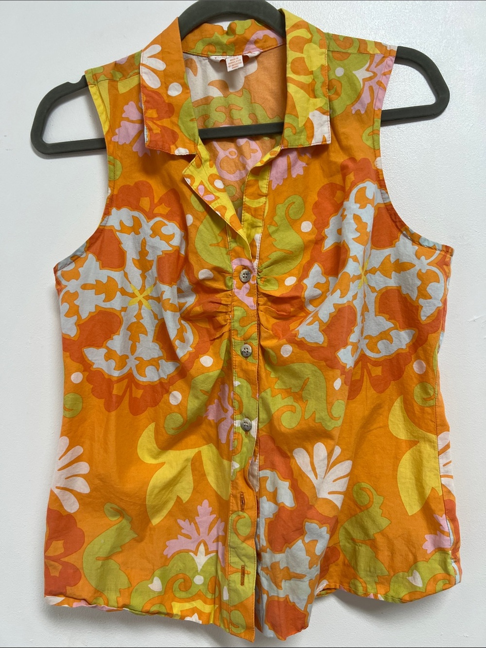 Tori Richard Orange Green Colorful Cotton Floral Sleeveless Button Up Blouse 6